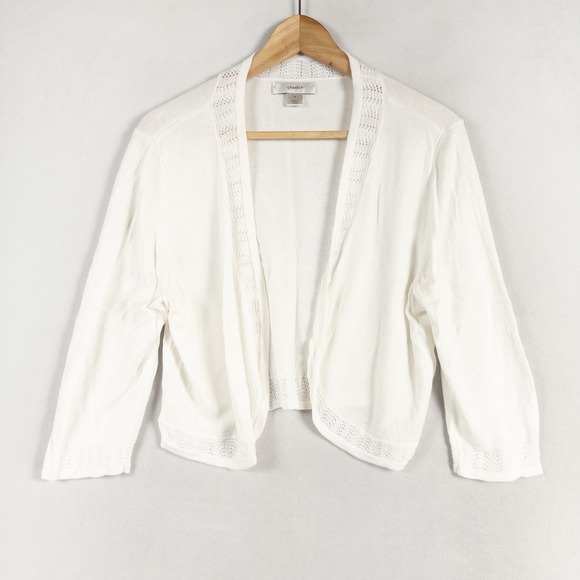Cj Banks Cardigan 1X White Cropped Open Front Rayon Knit Lace Trim Lightweight - Picture 1 of 8